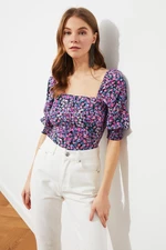 Trendyol Multi Color Crop Woven Square Neck Floral Pattern Blouse