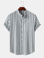 Mens Striped Stand Collar Cotton Linen Daily Short Sleeve Shirts