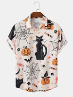 Mens Black Cat Halloween Print Short Sleeve All Matched Shirts