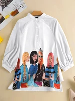 Cartoon Girl Graphic Stand Collar 3/4 Sleeve Button Blouse