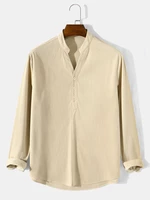 Mens Pure Color Half Button Corduroy Long Sleeve Henley Shirts