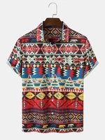 Mens Ethnic Geometric Printed Pocket Short Sleeve Shirts