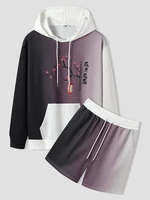 Mens Ombre Color Chinese Letter Hooded Two Pieces Outfits
