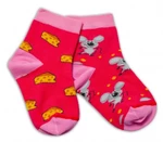 Baby Nellys Bavlněné veselé ponožky Myška a sýr - tmavě růžová, vel. 92-98 (18-36m)