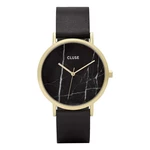 Czarny zegarek damski ze skórzanym paskiem i marmurowym cyferblatem Cluse La Roche Rose