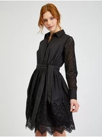 Orsay Czarna damska perforowana sukienka koszulowa z krawatem - Kobieta