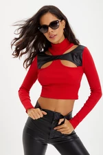 Cool & Sexy Women's Red Asymmetrical Collar Faux Leather Block Crop Blouse BTH08