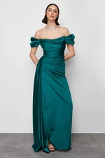 Trendyol Emerald Green Satin Degaje Collar Long Evening Dress