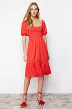 Trendyol Vivid Red Waist Drop/Skater Square Neck Balloon Sleeve Midi Crepe Knit Dress