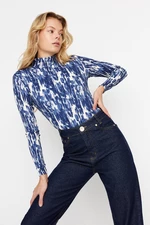 Trendyol Navy Blue Printed Fitted/Situated Collar Long Sleeve Crepe Neck/Textured Knitted Blouse