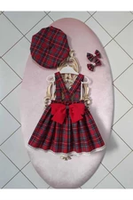 N7995 Dewberry Baby Plaid Salopette Dress & Hat & Buckle Set-RED