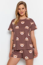 Trendyol hnědá 100% bavlněná pyžamová sada s motivem medvídka - tričko a šortky