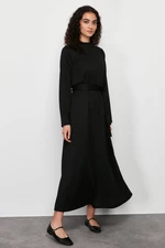 Trendyol Black Stand Collar Straight Belted Knitted Dress