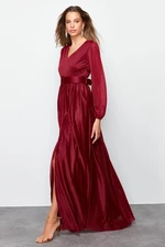 Trendyol Burgundy Satin Belt Detailed Long Evening Dress