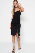 Trendyol Black Shirred Detail, Fitted Midi Dress With a Plunging Collar, Flexible Knitted