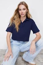 Trendyol Navy Blue 100% Cotton Crop Polo Collar Knitted T-Shirt