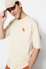 Trendyol Beżowy Oversize Okrągły Dekolt Krótki Rękaw Fox Haftowana 100% Bawełna T-shirt