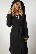Štěstí İstanbul Dámský černý kabát s kapucí s páskem s razítkem