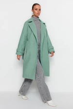 Trendyol Mint oversize široký strih pásaný dlhý vlnený kabát