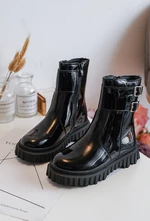 Children's patent leather ankle boots with buckles, Black Chloraia