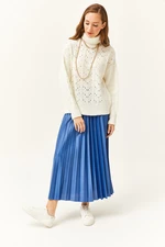 Olalook Women's Indigo Leather Look Pleated A-Line Skirt