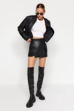 Trendyol Black Double Slit Faux Leather Shorts Skirt