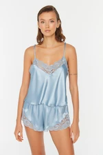 Trendyol Blue Lace Detailed Satin Undershirt-Shorts Woven Pajama Set Trendyol Blue Lace Detailed Satin Undershirt-Shorts Woven Pajama Set