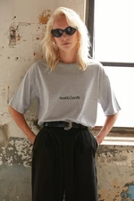 Trendyol Gray Cotton-Mixed Slogan Embroidered Relaxed/Wide, comfortable cut Crewneck T-Shirt