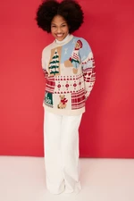 Trendyol Stone Christmas Themed Oversize Soft Textured Patterned Knitwear Sweater