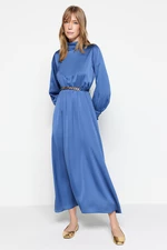 Trendyol Dark Blue Collar and Cuff Draped Detail Belted Woven Evening Dress