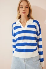 Happiness İstanbul Women's Ecru Blue Polo Collar Striped Knitwear Sweater