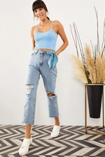 Olalook Women's Blue Laser Cut Wide Leg Mom Jeans