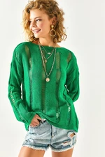 Olalook Women's Green Transparent Striped Detailed Knitwear Blouse