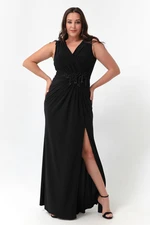 Lafaba Women's Black V-neck Plus Size Long Evening Dress with Stones Detailed on the Shoulders.