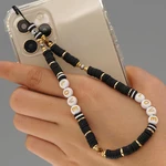 New Fashion Acrylic Letter Mobile Strap Lanyard Anti-Lost Telephone Jewelry Boho Black Polymer Clay Beads Mobile Phone Chain