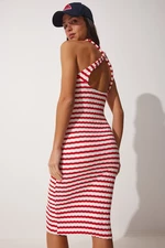 Happiness İstanbul Women's Red and White Striped Fitted Summer Knit Dress