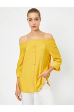 Koton Women's Yellow Button Down Sleeves Off-the-Shoulder Shirt