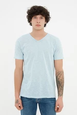 Trendyol Blue Men's Basic Regular/Regular Cut V-Neck 100% Cotton Flared Single Jersey T-Shirt