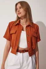 Happiness İstanbul Women's Summer Linen Viscose Jacket with Tile Pocket Short Sleeves