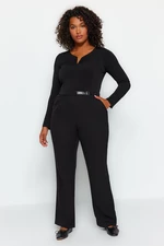 Trendyol Curve Black High Waist Weave Trousers With Belt Detail