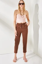 Olalook Women's Bitter Brown Waist Elastic Waist, Pocket Carrot Trousers