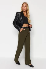 Trendyol Khaki Waist with Imitation Leather Detail, Textured Fabric High Waist, Straight Fit Knitted Pants