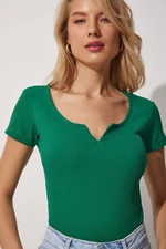 Happiness İstanbul Women's Vivid Green Heart Neck Ribbed Crop Knitted Blouse