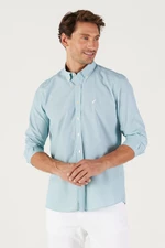 Pánská khaki-bílá slim fit košile s pruhy a límečkem na knoflíky z bavlny od AC&Co / Altınyıldız Classics