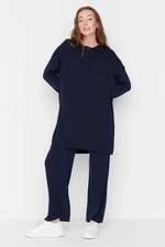 Trendyol Navy Blue Polo Collar Tunic-Pants Knitwear Suit