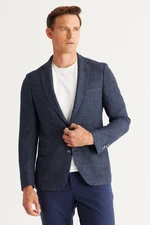 ALTINYILDIZ CLASSICS Men's Navy Blue-White Slim Fit Slim Fit Slim Fit Mono Collar Patterned Jacket.