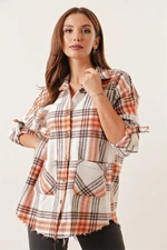 By Saygı Double Pockets Plaid Cachet Shirt with Fold Sleeves Orange