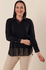 By Saygı Chiffon Detailed Shirt Collar Comfortable Cut, Plus Size Blouse Black.