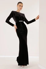 By Saygı Long Velvet Dress with Front Pleated Belt