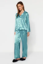 Trendyol Blue Satin Shirt-Pants Woven Pajama Set